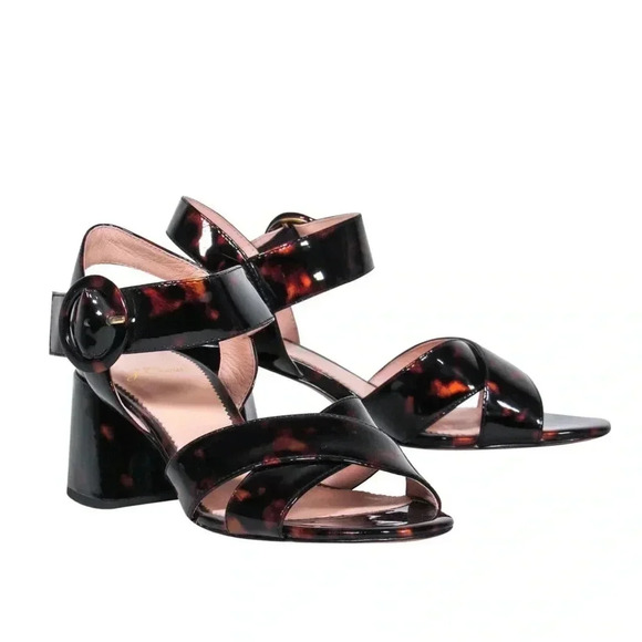 J. Crew Brown Tortoise Shell Patent Leather Block Heel Sandals w/Buckle - W 6.5 - Picture 1 of 7
